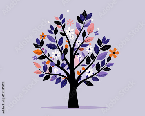 Stylized tree illustration with colorful blossoms and dark branches