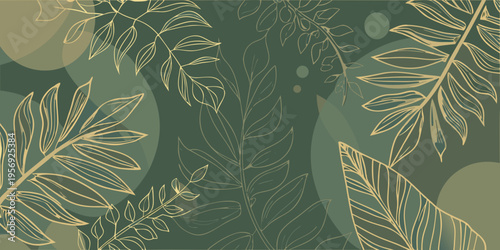 Elegant botanical illustration featuring golden leaves on a dark green background