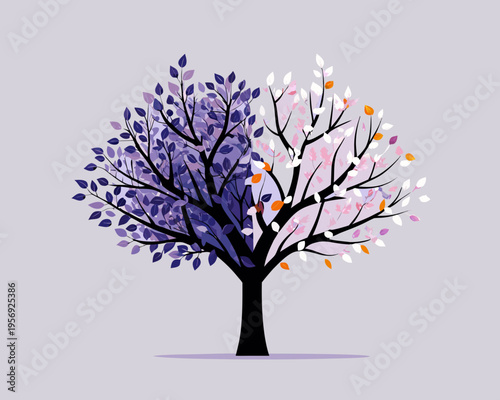 A stylized tree with half purple and half pink foliage
