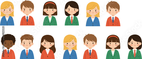 Cute student avatar collection with diverse boys and girls school uniform cartoon portrait vector illustration set isolated