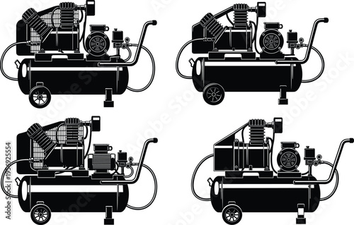 Black silhouette vector of industrial air compressors with cylindrical tanks, motors, hoses, and fittings, symbolizing mechanical engineering, machinery, tools, and industry