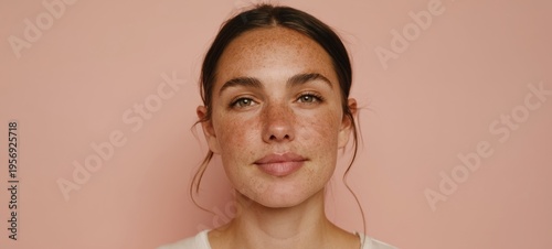 Serene Woman with Sun-Kissed Freckles, Portrait against Pink Wall