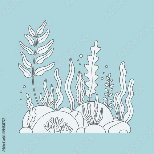 Underwater scene with various types of seaweed and coral on a light blue background