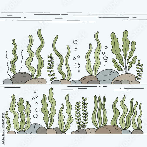 Underwater scene with seaweed, rocks, and bubbles, flat design illustration