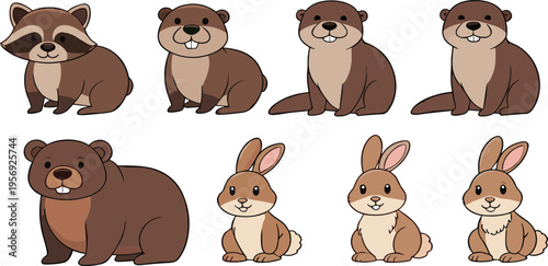 Cute woodland animals collection with beaver raccoon and rabbit characters cartoon forest vector illustration set isolated