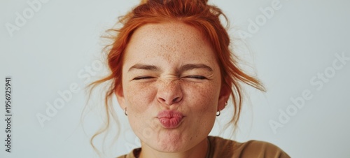 Red-haired woman making a playful puckered face with her mouth, expressing surprise or excitement.