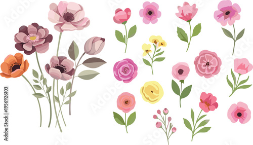 Elegant pastel flower collection with roses peonies and botanical blossoms romantic floral vector illustration set isolated