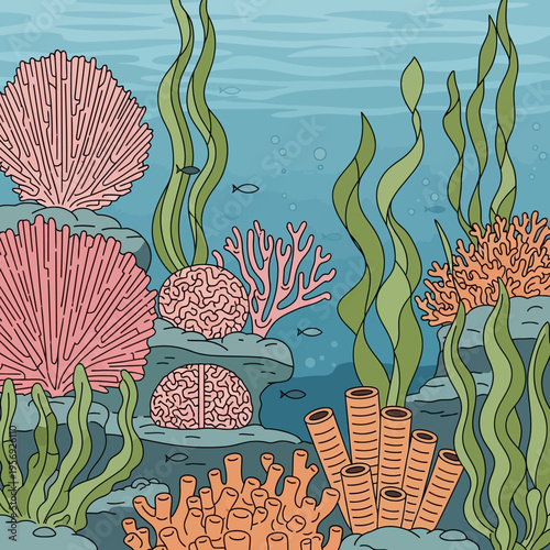 Vibrant Coral Reef Ecosystem with Brain Coral and Seaweed