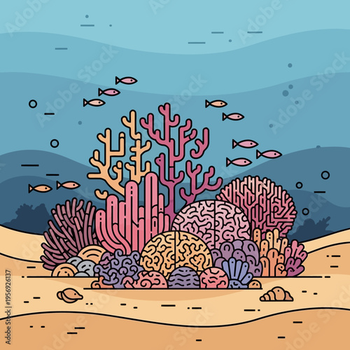 Vibrant Coral Reef Ecosystem with Brain Coral and Fish, Underwater Scene