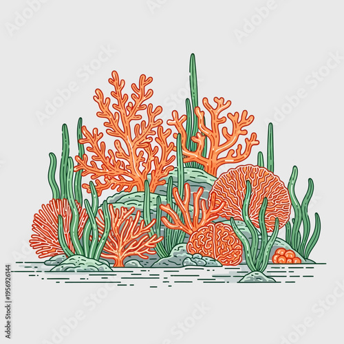 Vibrant Coral Reef Ecosystem: Underwater Scene with Diverse Corals and Seaweed