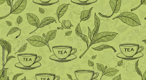 Seamless green tea leaves and cups vector pattern for healthy beverage packaging and cafe branding
