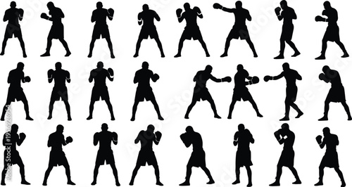 Boxing fighter silhouette collection with punching stance and defensive poses, athlete combat sport vector set isolated on white background