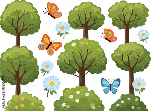 Forest trees and butterflies collection with bushes flowers and nature elements cartoon flat vector illustration set isolated