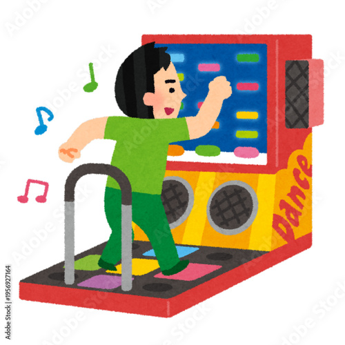 Illustration of a man playing a dance arcade game, showing fun, movement, and entertainment in a vibrant gaming scene
