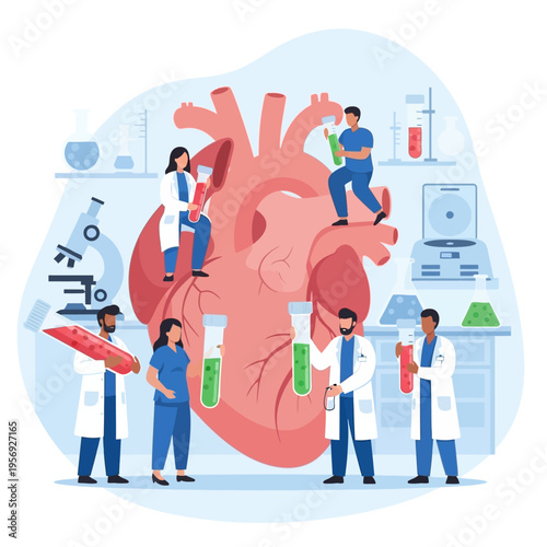 Medical Researchers Studying Heart Health in Laboratory with Scientific Equipment