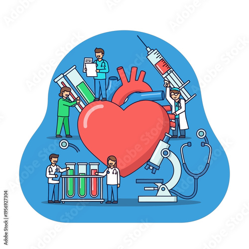 Medical Team Caring for Giant Heart with Medical Equipment