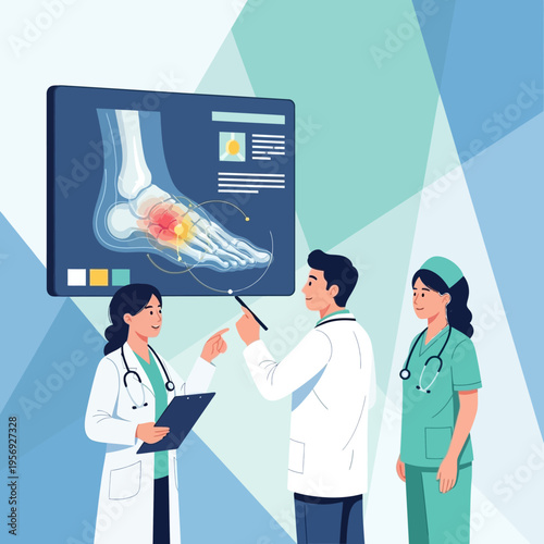 Medical Team Discusses Foot X-ray Showing Ankle Pain and Inflammation