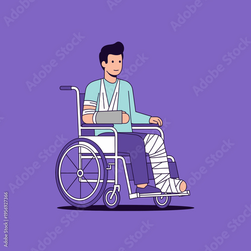 Man with multiple injuries in wheelchair, broken arm and leg, recovery concept