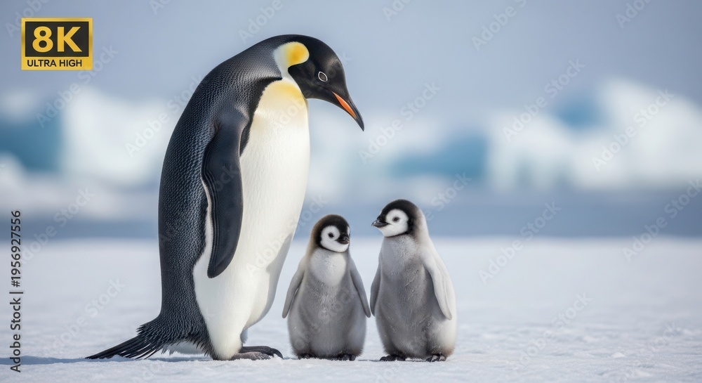 Obraz premium King penguin with two chicks on icy landscape