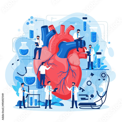 Medical Research Team Studying Human Heart Anatomy with Laboratory Equipment