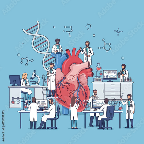 Medical Research Team Studying Heart Anatomy and DNA in Modern Laboratory