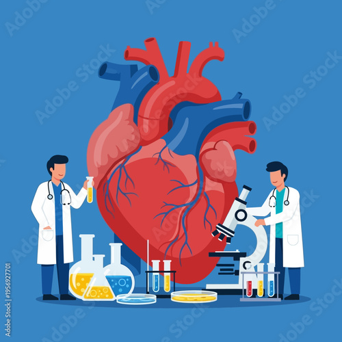 Medical Researchers Study Giant Human Heart with Microscopes and Lab Equipment
