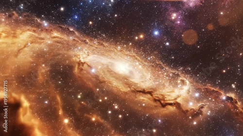 A vibrant galaxy swirls with a central bright core and scattered stars in a cosmic display