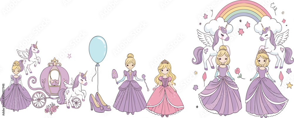 Obraz premium Princess and unicorn fairytale collection with rainbow carriage magic accessories and cute fantasy characters flat vector illustration set isolated