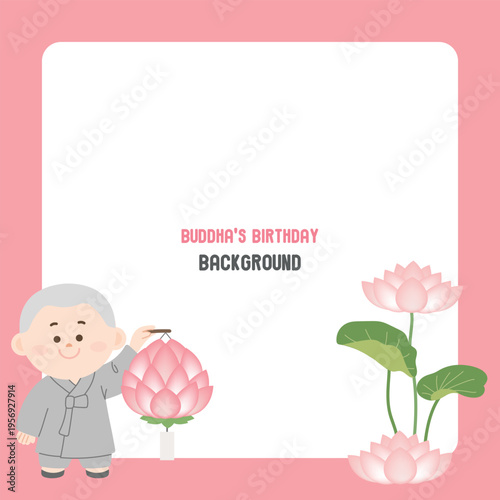 Cute monk holding lotus lantern with lotus flowers for Buddha’s Birthday, Korean Vesak Day pastel pink background