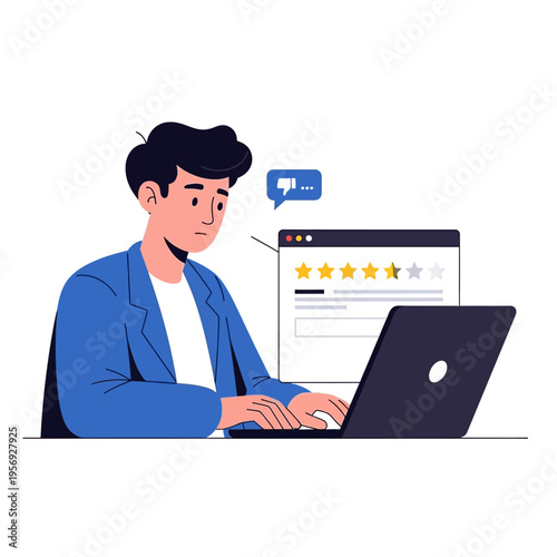 Man Typing on Laptop with Negative Online Review and Thumbs Down Icon