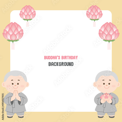 Cute little monk characters with lotus lanterns for Buddha’s Birthday, Korean Vesak Day pastel yellow background