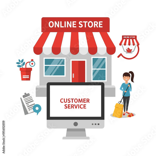Online Store Customer Service Computer Screen with Shopping Bag and Plant