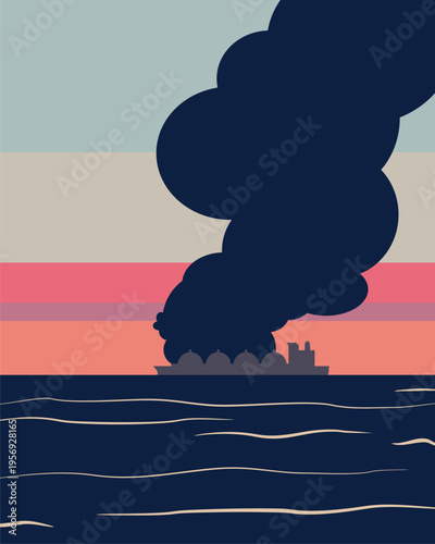 Large general cargo ship for crude oil logistic the explosion and had a lot of smoke at sea. A disastrous environmental catastrophe scene.