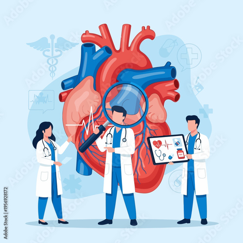 Medical Team Examining Human Heart with Magnifying Glass and Tablet