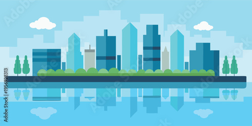 Modern flat city skyline with river reflection, Modern flat city skyline split into day and night scene