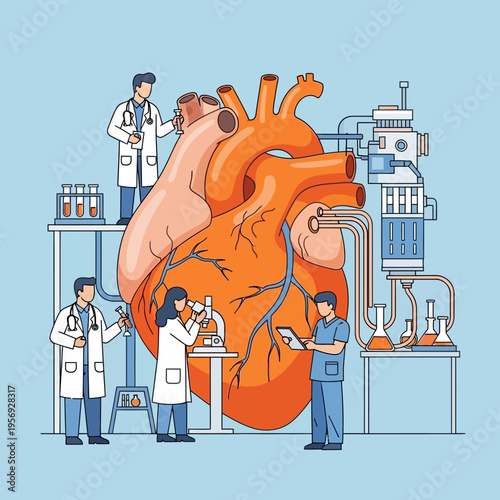 Medical Team Researching Giant Human Heart in Laboratory