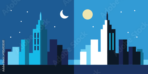 Modern flat city skyline with river reflection, Modern flat city skyline split into day and night scene