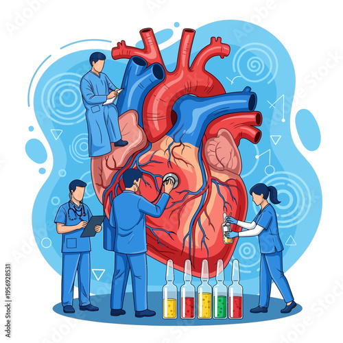 Medical Team Examining Giant Human Heart with Stethoscope and Syringes, Cardiology Concept