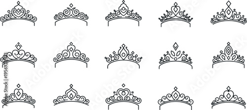 Set of Ornate Queen Crowns and Princess Tiaras in Decorative Line Art Style