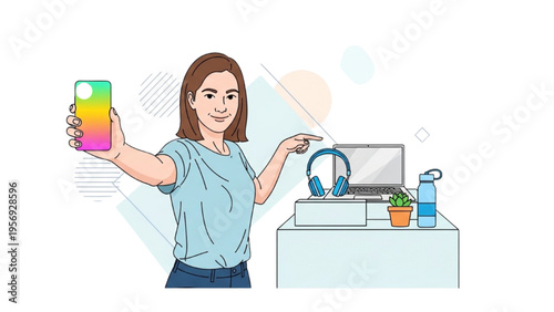 Woman Showing Smartphone and Tech Gadgets Laptop Headphones Modern Lifestyle Technology Illustration