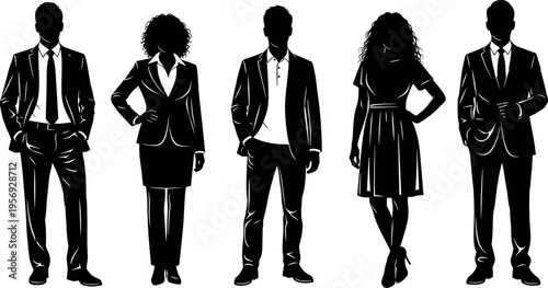 Professional Business People Silhouette Collection Featuring Diverse Corporate Men and Women in Suits and Formal Attire for Office Teamwork Concept