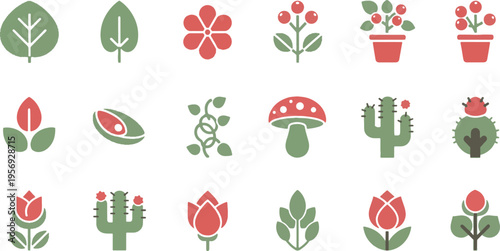 Flat Botanical Icon Set Featuring Flowers Leaves Mushrooms and Potted Plants in Green and Red