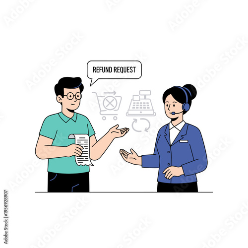 Customer Service Agent Assisting with Refund Request, Shopping Cart & Cash Register Icons