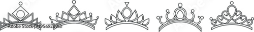 Set of Elegant Tiara and Queen Crown Icons in Minimalist Line Art Style