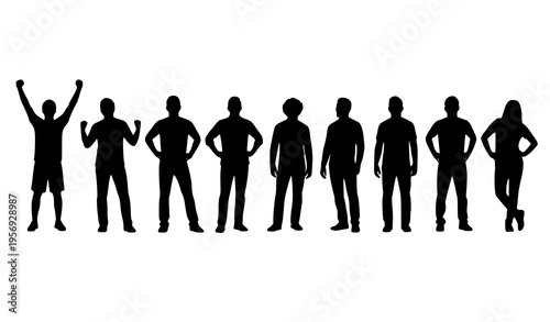 People silhouette set with raised arms and hands on hips poses minimal human figures vector isolated on white background