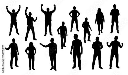Dynamic people silhouettes with expressive poses raised arms and confident stance vector illustration isolated on white