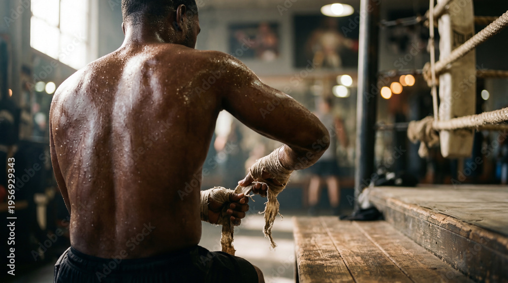 Naklejka premium African American boxer wrapping hands from behind in boxing ring. Muscular man preparing for intense fight. Sweat-covered athlete in training session at dimly lit gym for sports motivation and combat