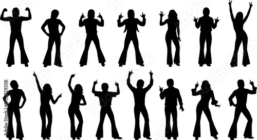 Retro 70s disco dancer silhouettes in bell bottom pants posing and dancing isolated on white background for vintage party design