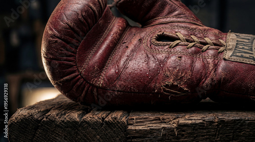 Wallpaper Mural Vintage red boxing glove resting on wooden surface. Symbol of combat sports and resilience in boxing. Motivational imagery for fitness and determination concepts Torontodigital.ca
