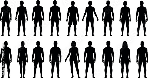 Collection of diverse male and female human body silhouettes in standing poses for anatomical study, fashion design, and medical infographics.
